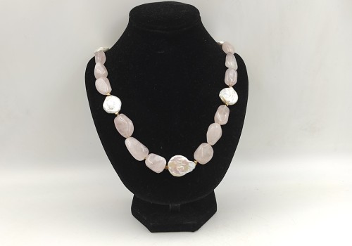 κολιέ από ασήμι με ροζ χαλαζίας ,αιματίτη και μαργαριτάρι