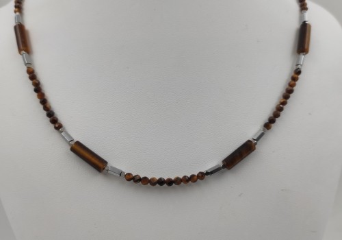 Χειροποίητο κολιέ από ατσάλι με Μάτι Τίγρη και Αιματίτη 