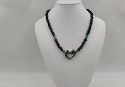 Χειροποίητο κολιέ από ατσάλι με Λάβα,Χαολίτη και Αιματίτη 