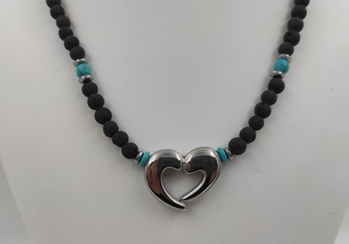 Χειροποίητο κολιέ από ατσάλι με Λάβα,Χαολίτη και Αιματίτη 