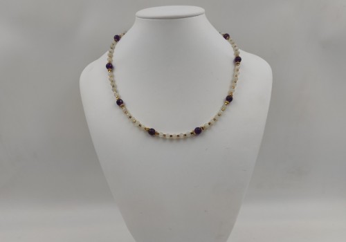 Χειροποίητο κολιέ από ατσάλι με Φεγγαρόπετρα,Αμέθυστο και Αιματίτη 