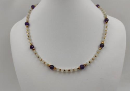 Χειροποίητο κολιέ από ατσάλι με Φεγγαρόπετρα,Αμέθυστο και Αιματίτη 