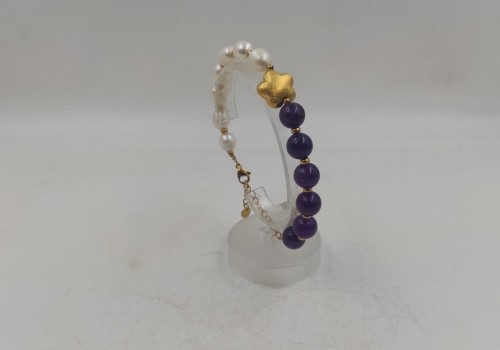 Xειροποίητο βραχιόλι από ατσάλι με Αμέθυστο και Μαργαριτάρι 