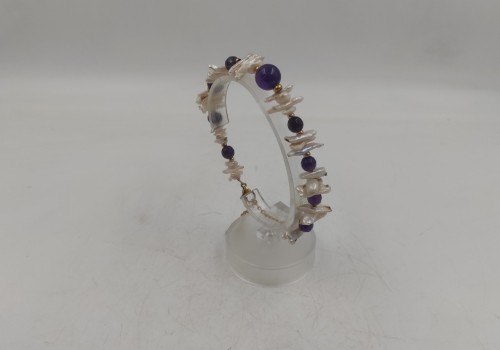 Xειροποίητο βραχιόλι από ατσάλι με Αμέθυστο και Μαργαριτάρι 