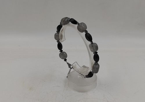 Xειροποίητο βραχιόλι από ατσάλι με Αιματίτη Όνυχα Τουρμαλίνη και Χαλαζία
