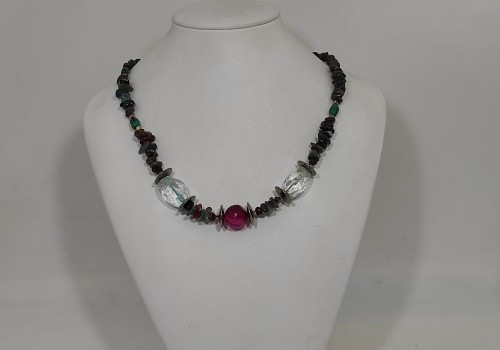 Χειροποίητο κολιέ από ατσάλι με Αχάτη Τουρμαλίνη Τιρκουάζ Χαλαζίακαι Αιματίτη