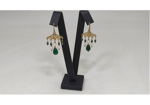 Χειροποίητα σκουλαρίκια από ασήμι 925 επιχρυσωμένο  με Νεφρίτη και Μαργαριτάρι