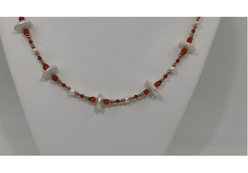 Κολιέ με Καρνεόλη, Γρανάτη, Αιματίτη & Μαργαριτάρι – Επίχρυσο Ασήμι 925