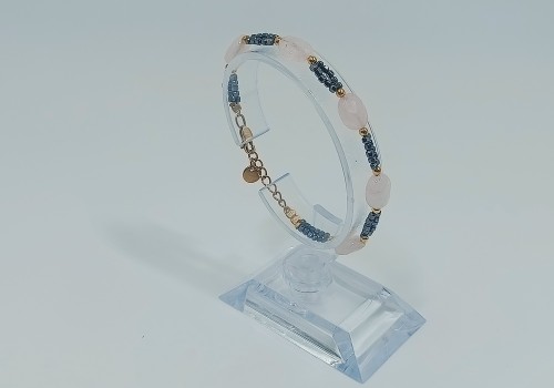 Βραχιόλι από Επίχρυσο Ατσάλι με Αιματίτη και Ροζ Χαλαζία