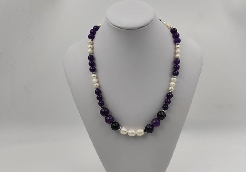κολιέ από ατσάλι με αμέθυστο, μαργαριτάρι και αιματίτη