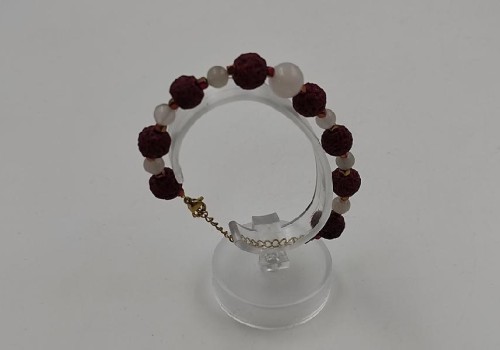 χειροποίητο βραχιόλι από ατσάλι με ροζ χαλαζία, αιματίτη και λάβα