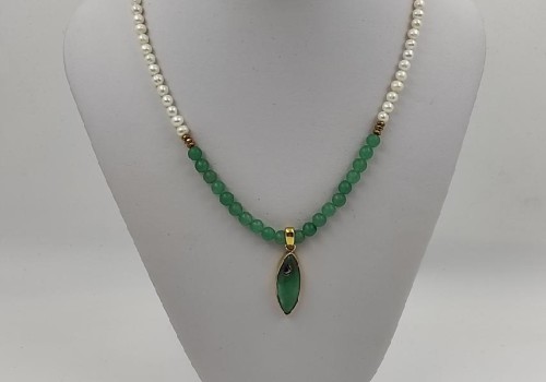 Χειροποίητο κολιέ από επιχρυσωμένο ασήμι με Αδαμίτη,Ζαντ και Μαργαριτάρι